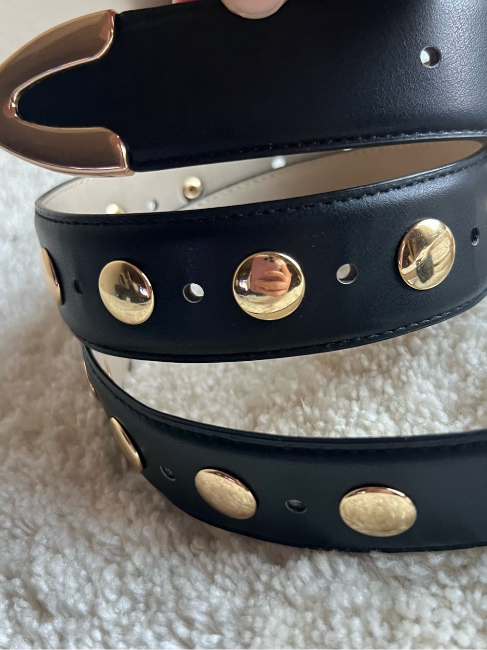A New Day Black Leather Studded Belt with Gold Accents New